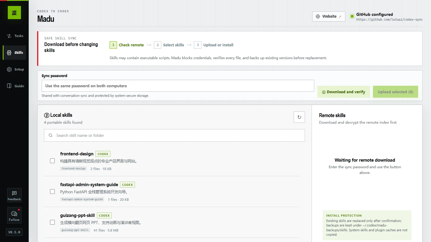 Madu Codex skill sync workspace in English